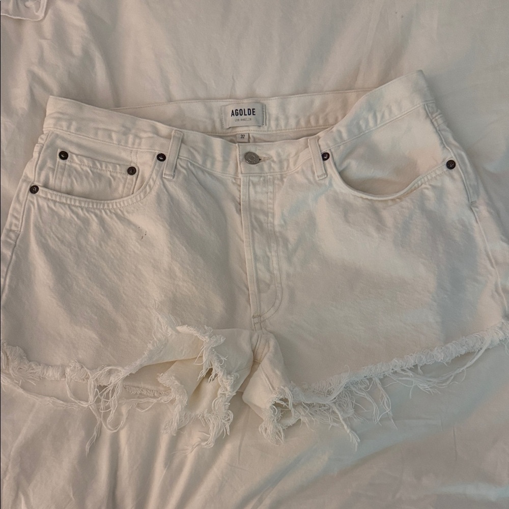 Agolde White Frayed Hem Denim Shorts